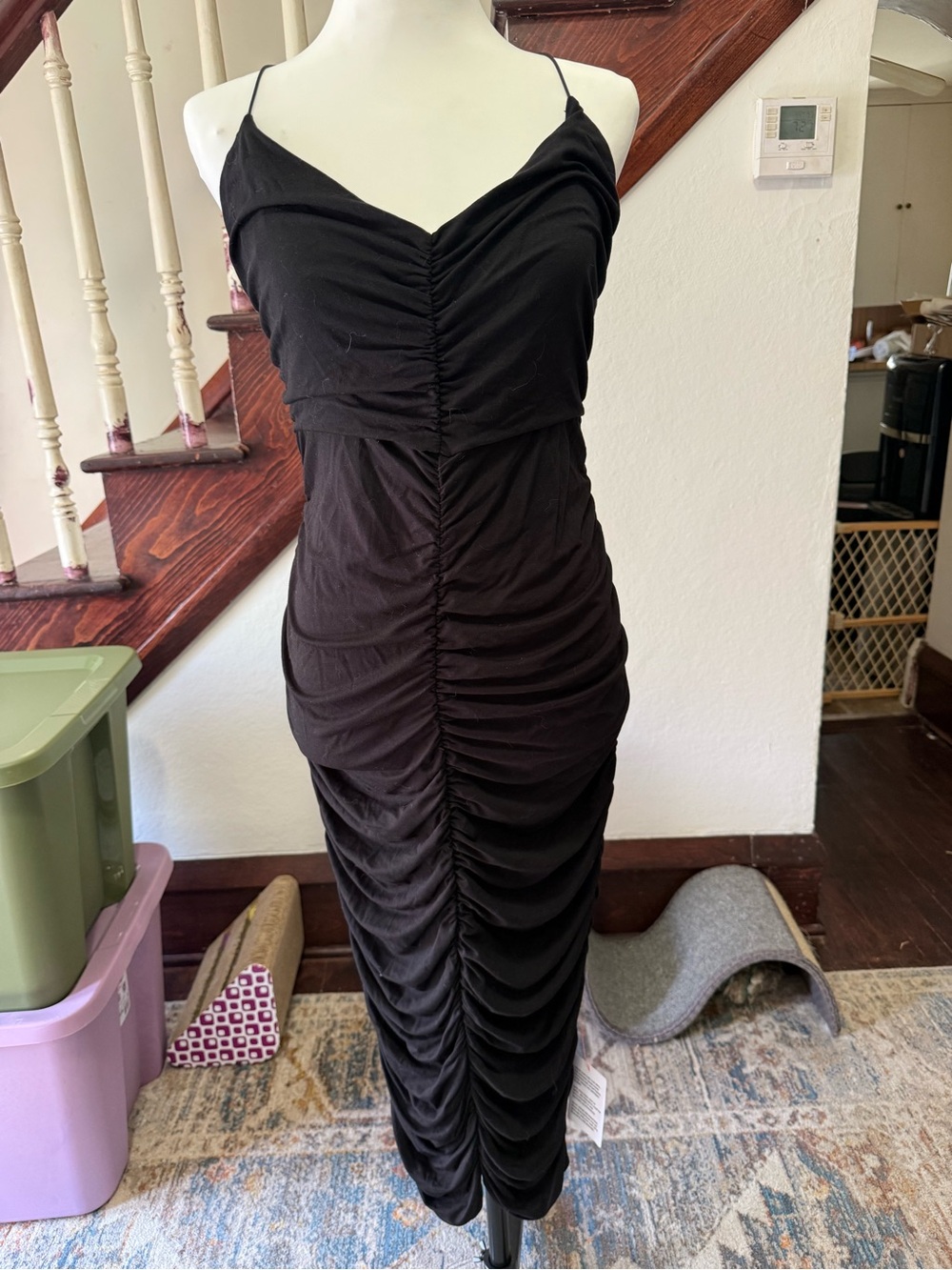 ASOS Black Ruched Spaghetti-Strap Midi Dress